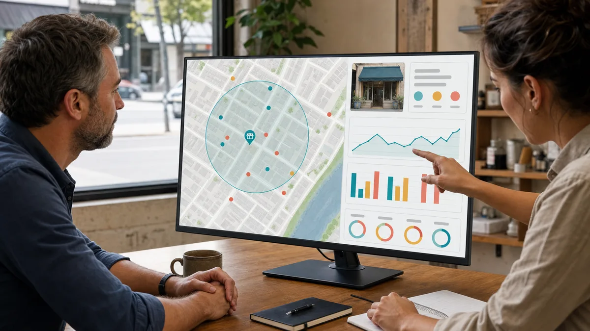 Especialista y propietario revisan un mapa de cobertura local, el perfil del negocio y métricas de visibilidad.