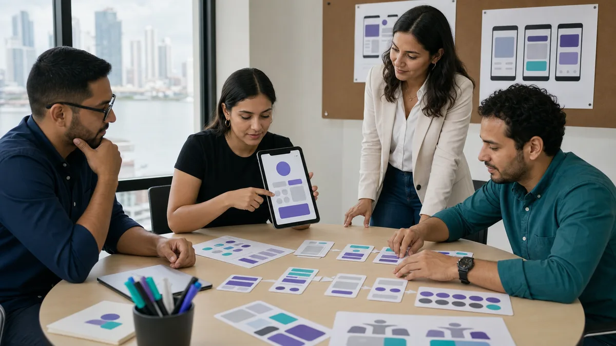 Equipo latinoamericano realiza una prueba de usabilidad con tableta y tarjetas de interfaces sin texto.