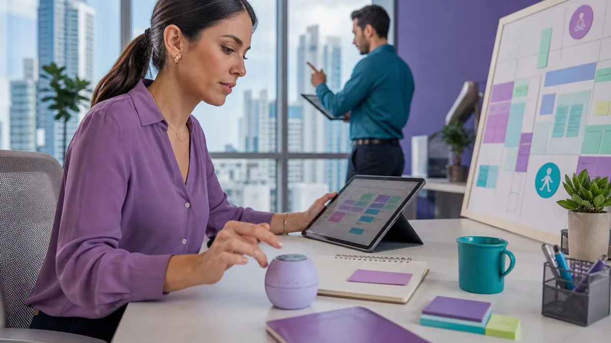 Profesional organiza prioridades, bloques de trabajo y descansos con un temporizador de enfoque.