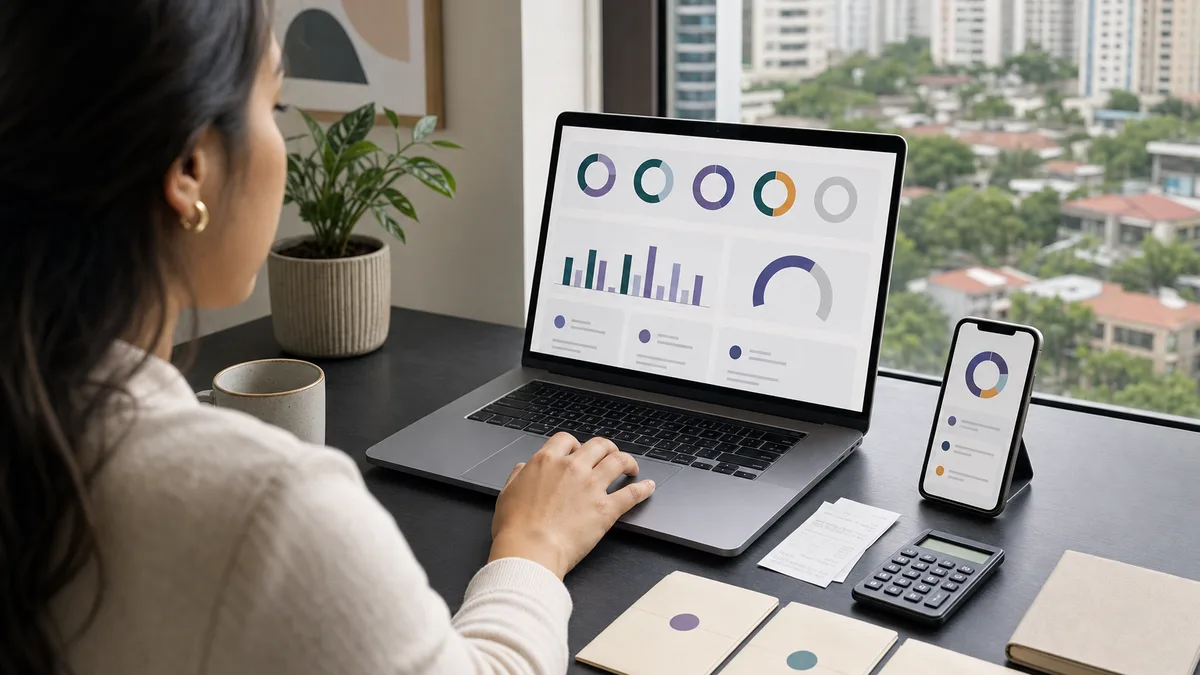 Profesional administra presupuesto, ahorro y gastos con herramientas financieras digitales en Panamá.