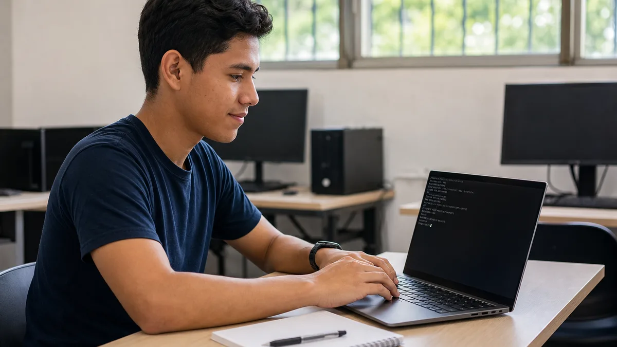 Estudiante latino practicando comandos de Linux en una laptop dentro de un aula de tecnología.