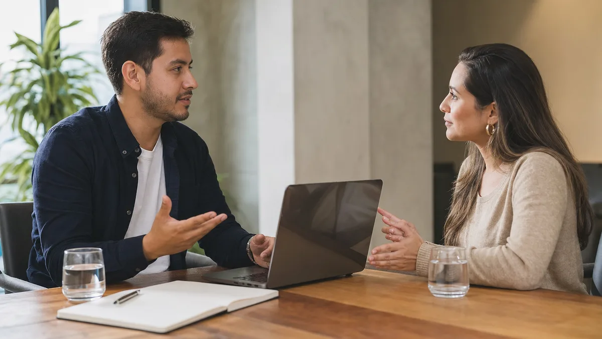 Freelancer tecnológico conversando con una clienta frente a una laptop en una reunión profesional.