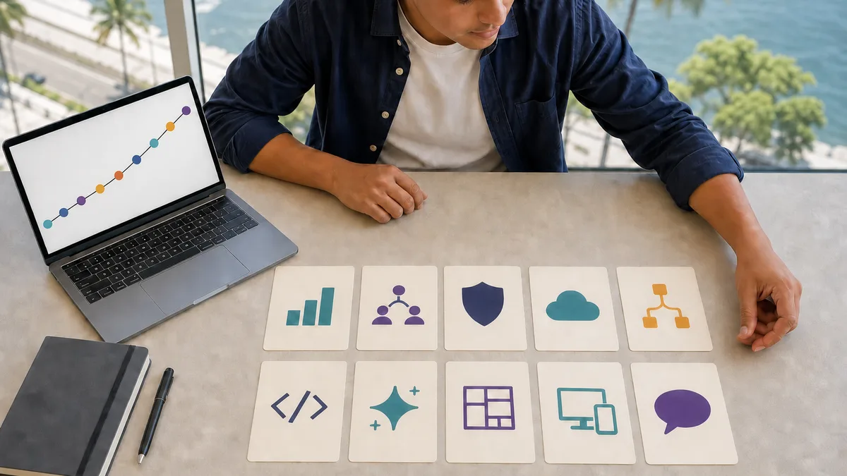 Diez tarjetas representan habilidades digitales esenciales junto a una ruta de aprendizaje.