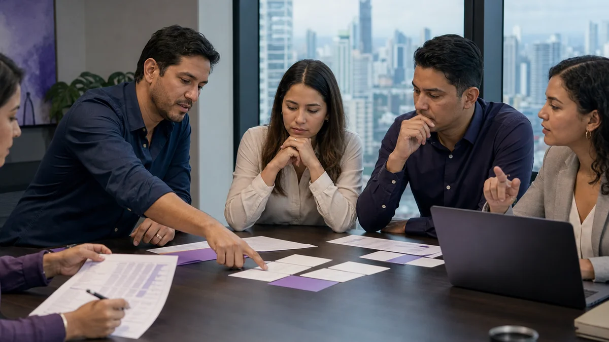Equipo gerencial latinoamericano compara prioridades, presupuesto y alternativas durante una sesión práctica de decisiones.