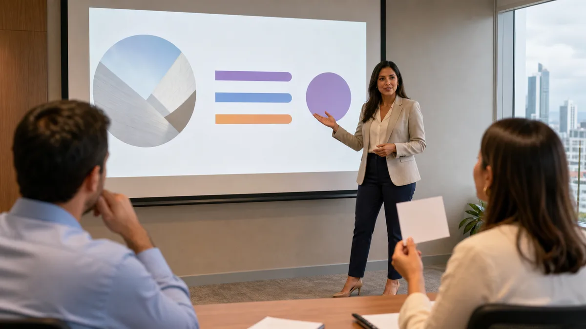 Profesional latinoamericana ensaya una presentación clara con una diapositiva visual sin texto ante dos colegas.