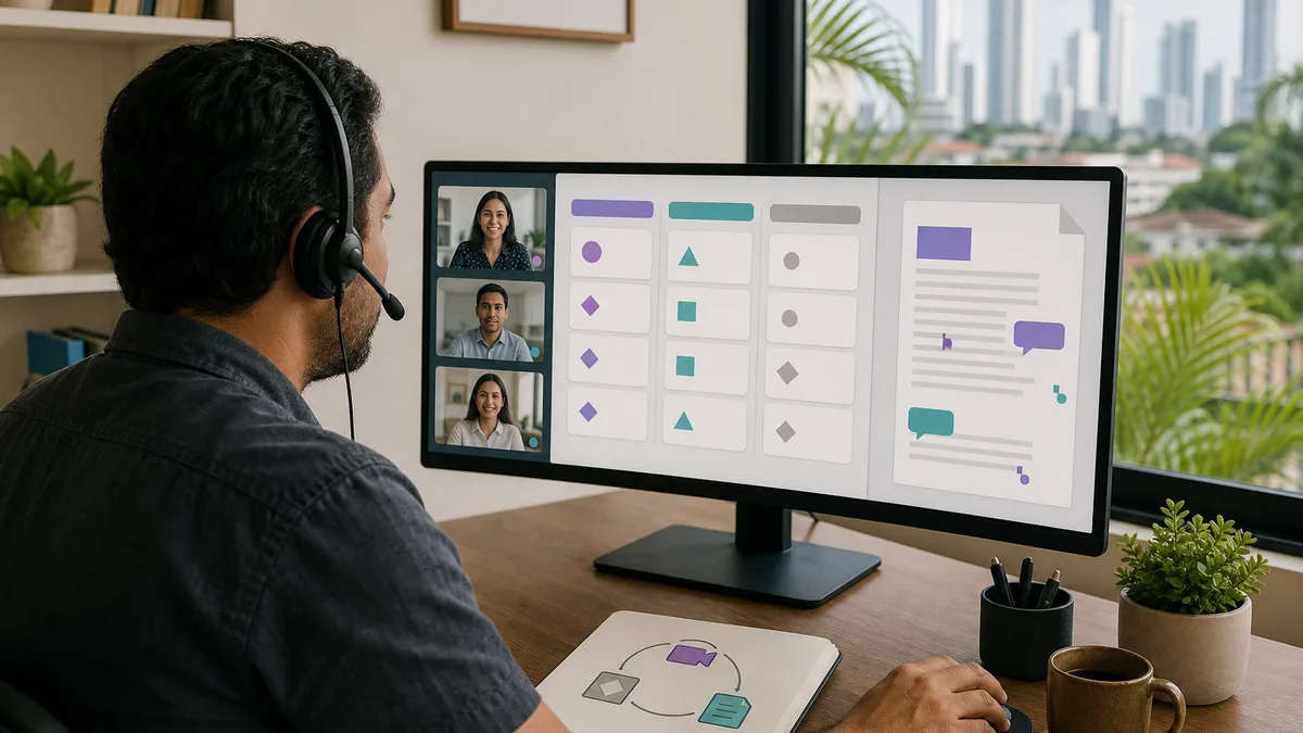 Profesional colabora a distancia mediante videollamada, tareas y documentos en un solo espacio digital.