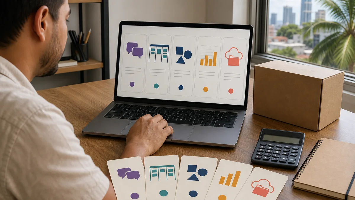 Pequeño empresario evalúa herramientas digitales de comunicación, proyectos, diseño, contabilidad y archivos.