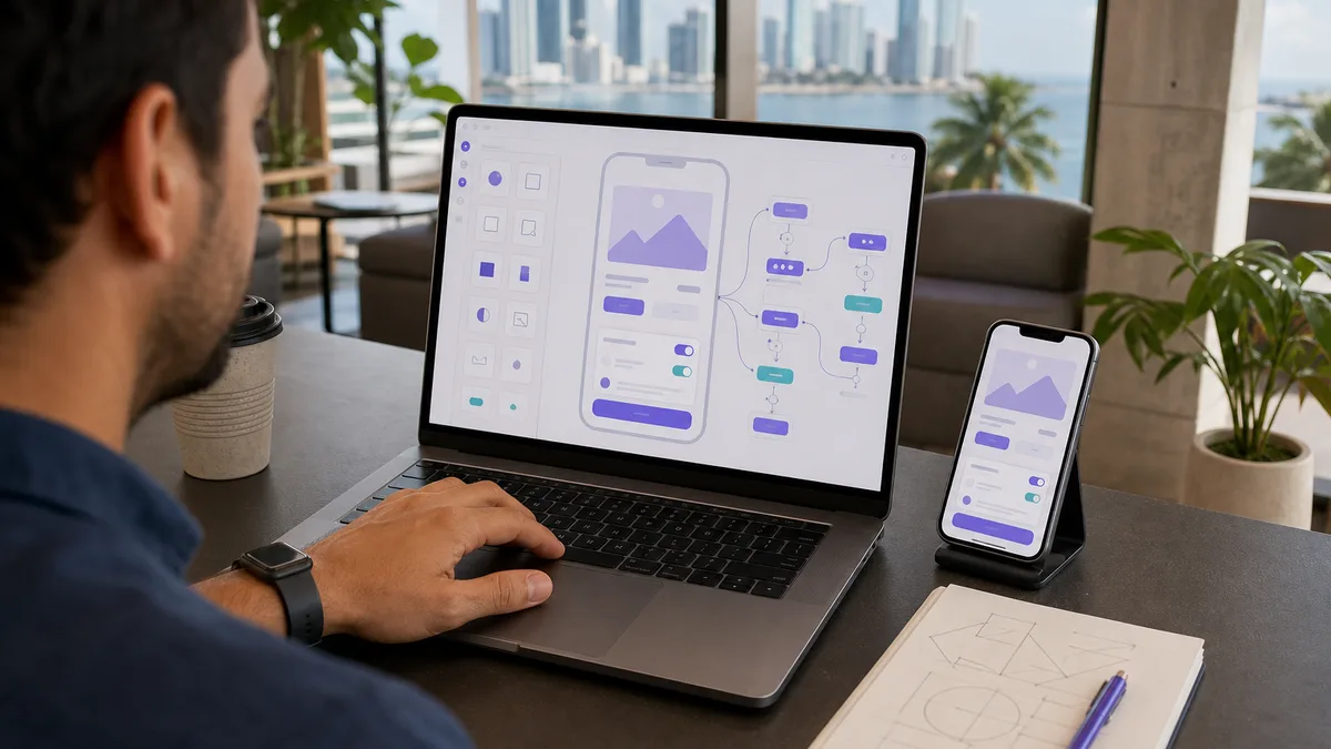 Profesional crea una aplicación con componentes visuales sin código y vista previa en un teléfono.