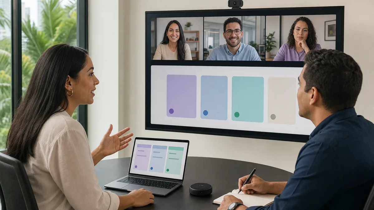 Dos colegas participan en una videoconferencia empresarial con tres integrantes remotos.
