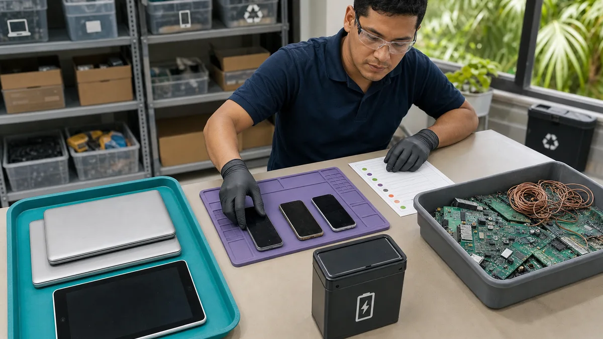 Técnico clasifica equipos reutilizables, teléfonos, baterías y placas electrónicas para manejo responsable.