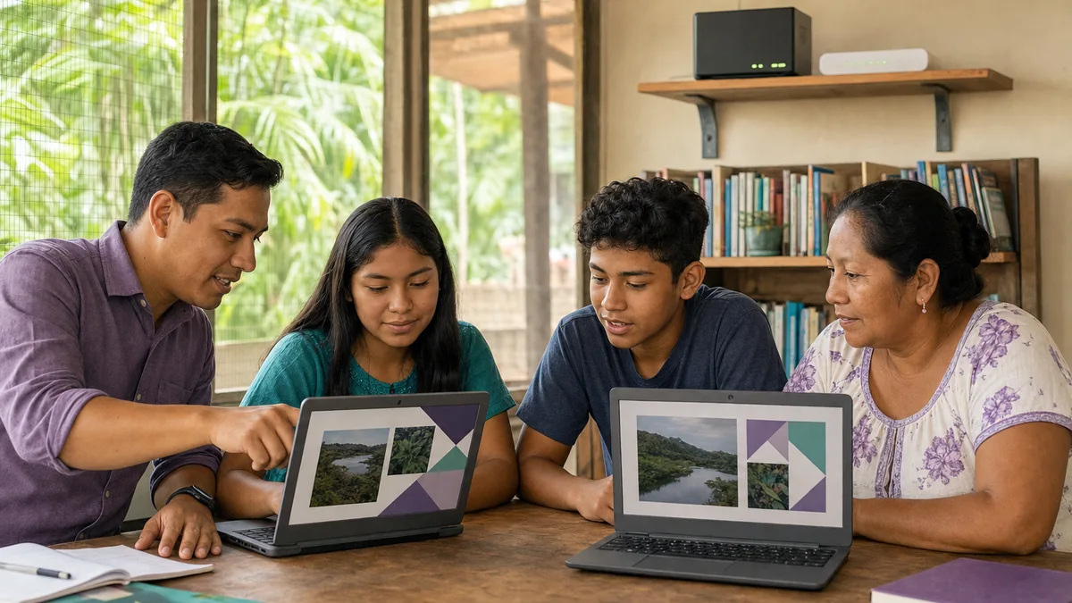 Familia y jóvenes aprenden con laptops reacondicionadas en un centro comunitario de Panamá.