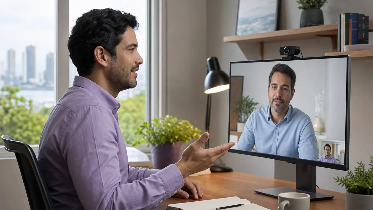 Profesional usa postura abierta, contacto visual y gestos claros durante una videollamada de trabajo.