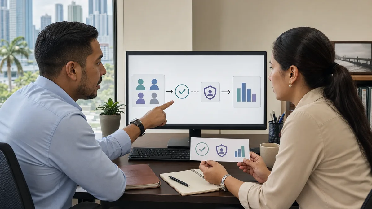 Dos profesionales revisan un flujo visual de consentimiento, acceso limitado y agregación anónima de datos en una oficina de Panamá.