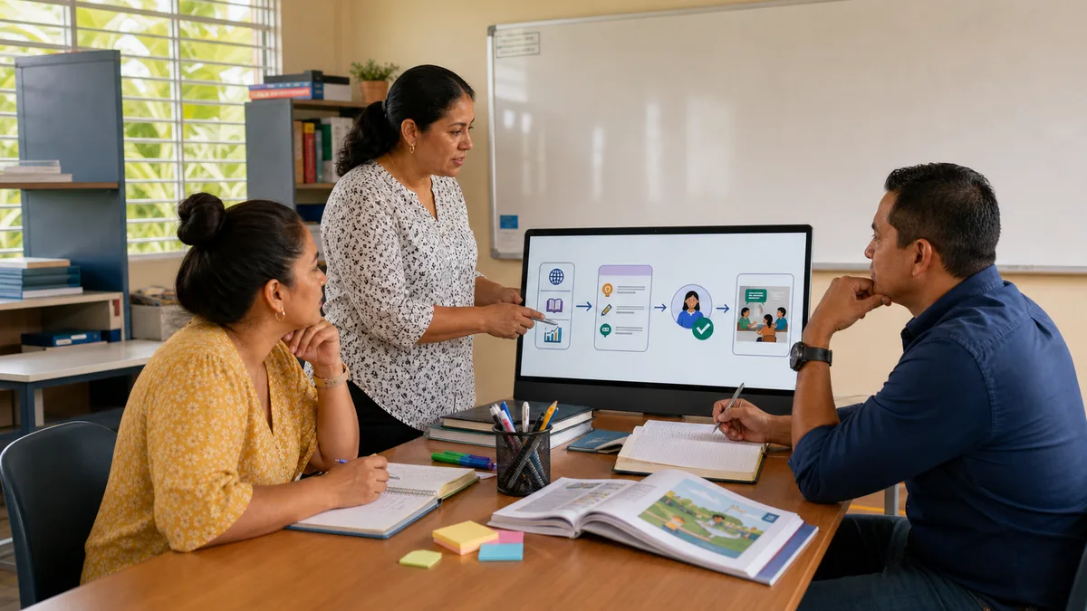Tres docentes en Panamá evalúan una propuesta educativa asistida por inteligencia artificial antes de aprobarla para el aula.