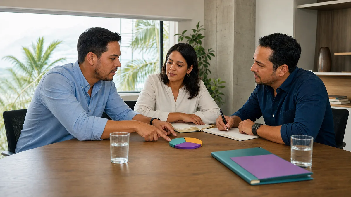 Gerente escucha con atención a dos integrantes de su equipo durante una conversación de inteligencia emocional.