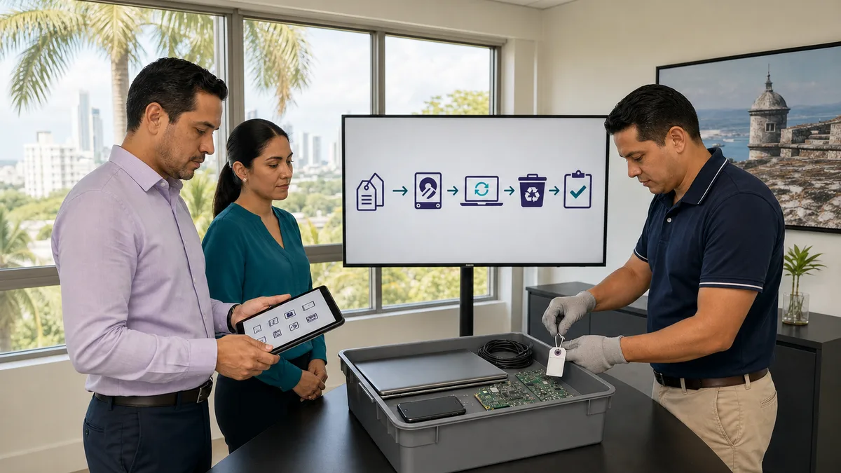 Tres profesionales verifican inventario, borrado de datos, reutilización y reciclaje certificado de equipos electrónicos en Panamá.