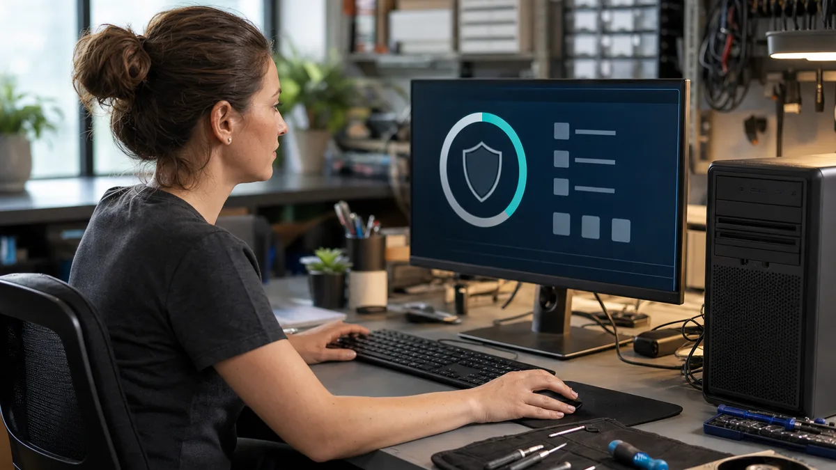 Técnica en reparación analiza una computadora de escritorio mediante una interfaz abstracta de escaneo de seguridad.