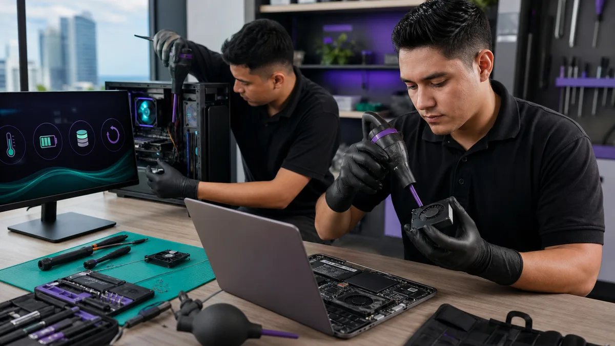 Técnicos limpian ventiladores, revisan conexiones y diagnostican computadoras durante mantenimiento preventivo.