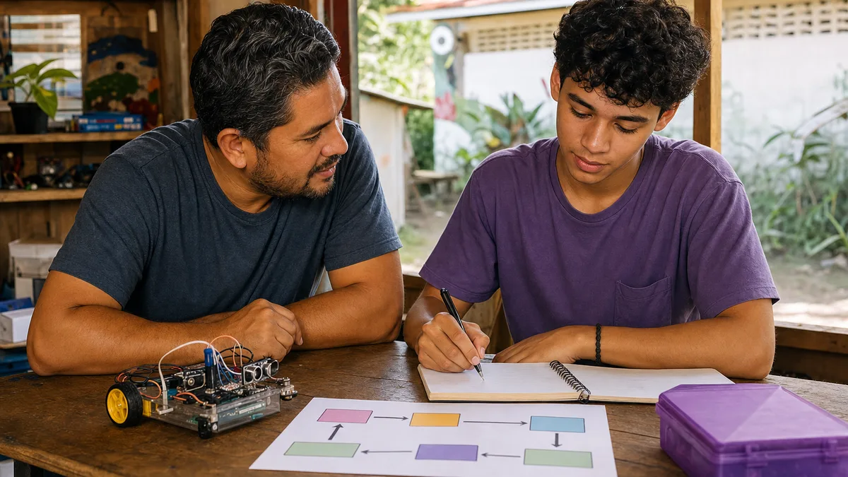 Mentor y joven panameño revisan un prototipo electrónico y un plan de aprendizaje durante una sesión práctica.