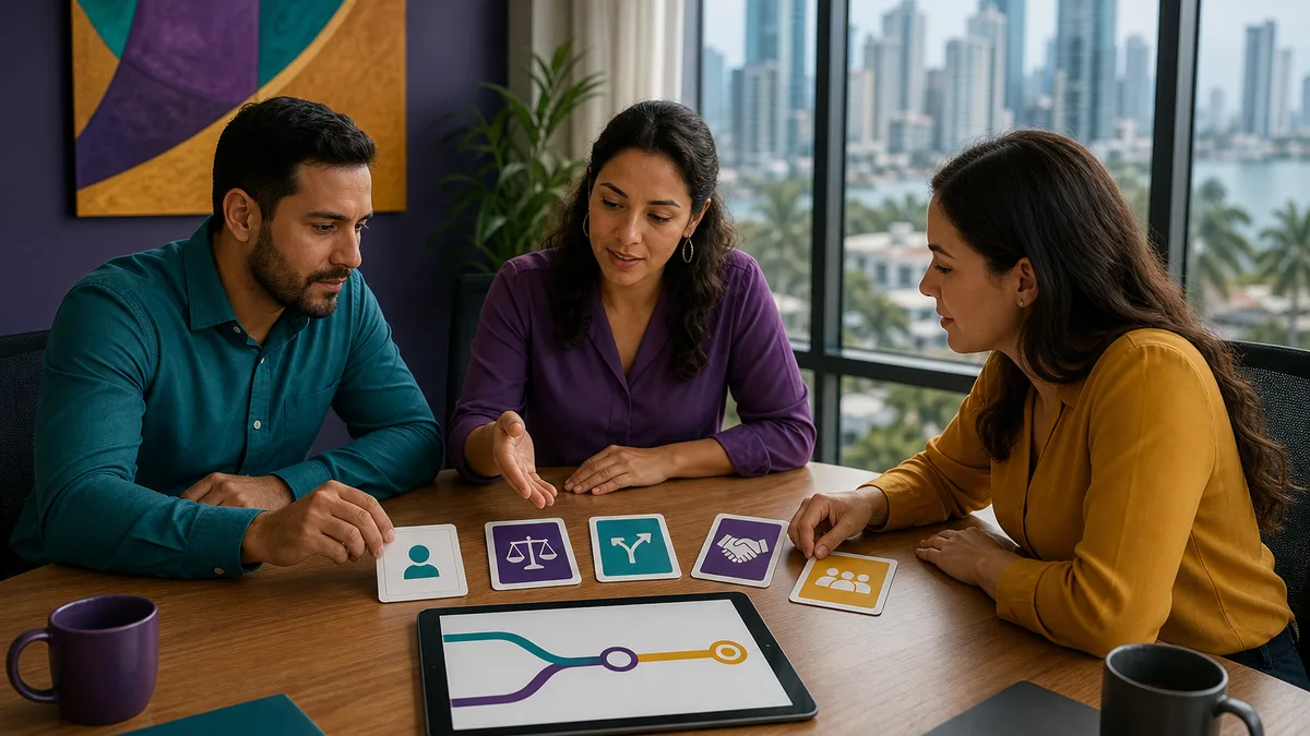 Dos profesionales y una facilitadora comparan intereses y opciones para alcanzar un acuerdo equilibrado.