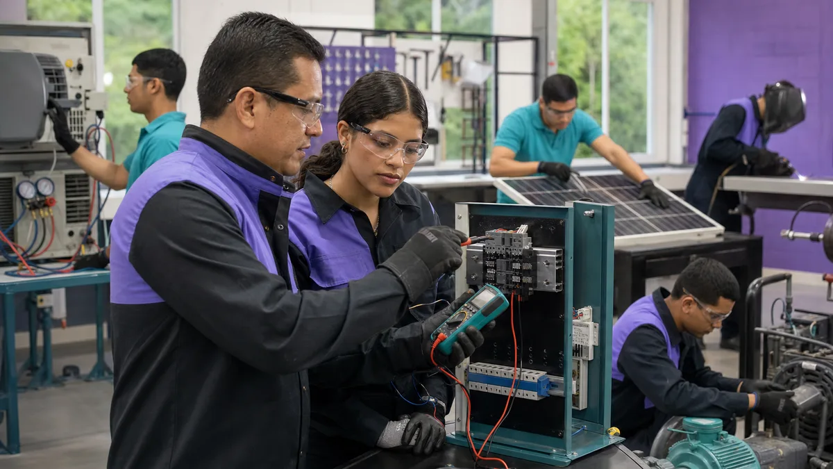 Instructor enseña medición eléctrica segura mientras otros estudiantes practican oficios técnicos en un laboratorio.