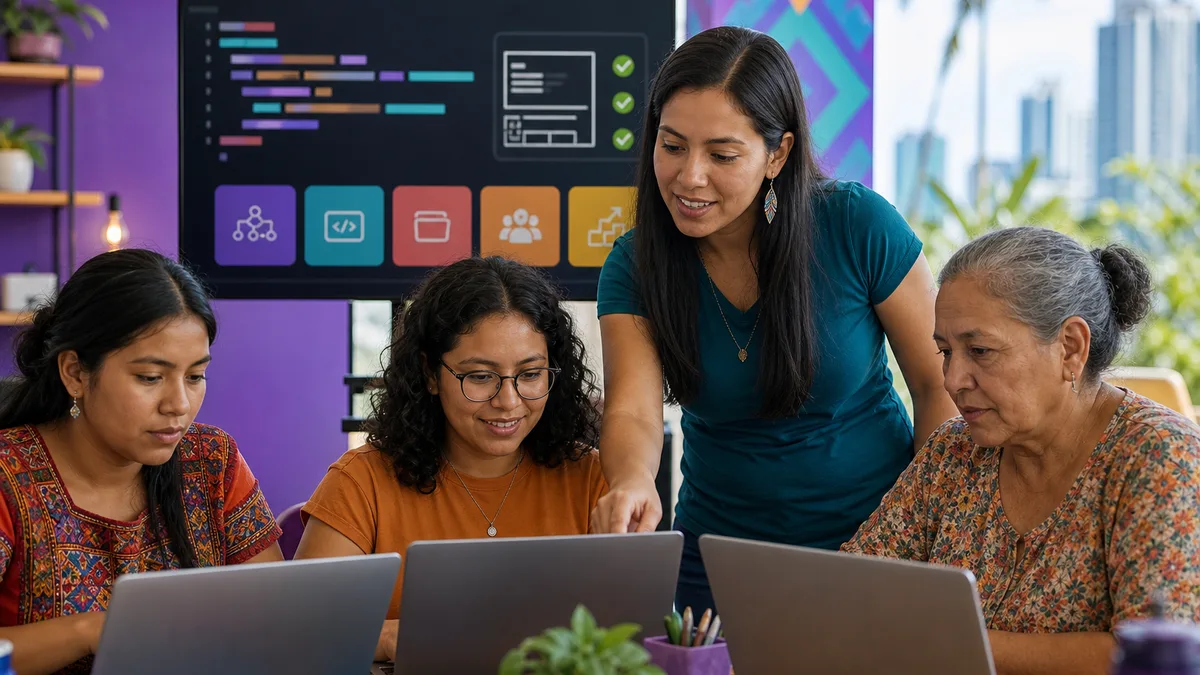 Mentora acompaña a mujeres de distintas edades mientras practican programación y revisan proyectos en equipo.