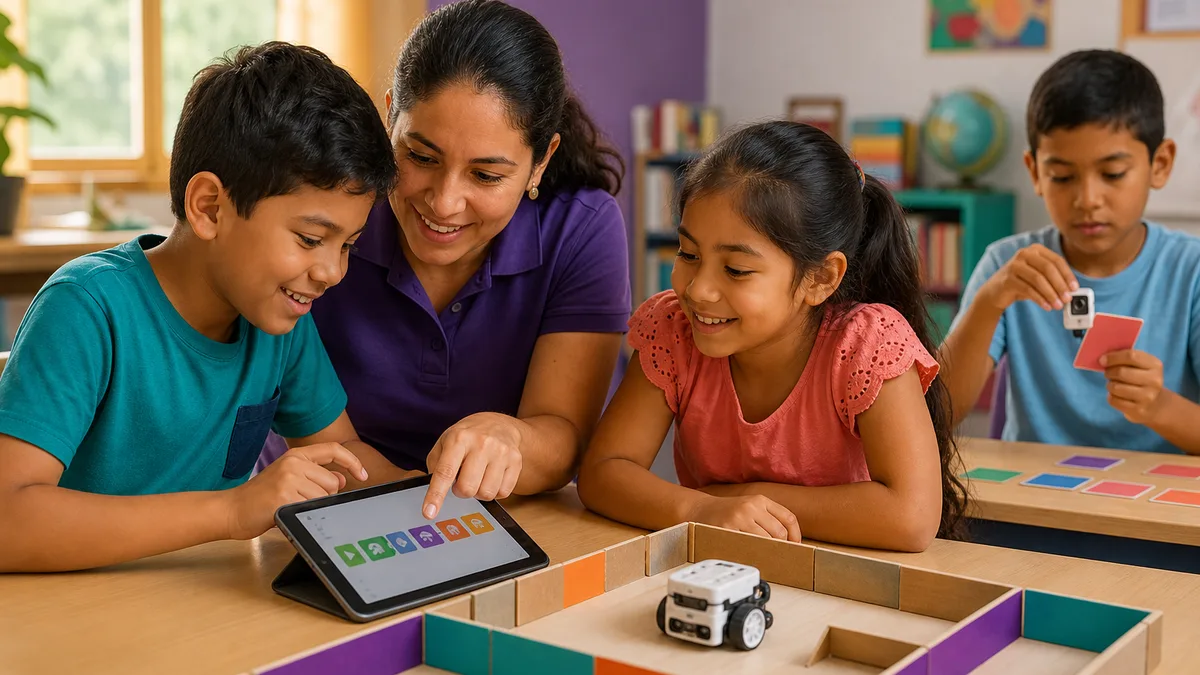 Instructora ayuda a niños a programar un robot educativo con bloques visuales y un laberinto de mesa.