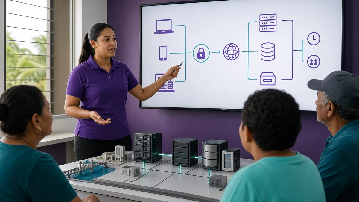 Instructora explica cómo dispositivos locales acceden de forma segura a cómputo, almacenamiento y respaldo remotos.