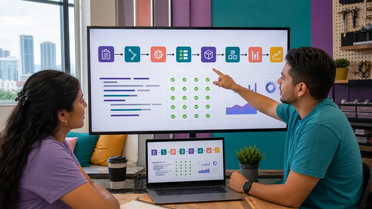 Mentor y estudiante revisan una canalización visual de código, pruebas, despliegue y observación.