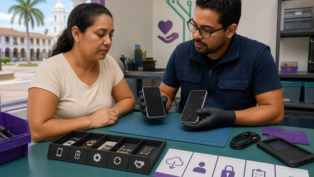Técnico revisa dos celulares antiguos antes de respaldar datos, desvincular cuentas y decidir su reutilización o reciclaje.