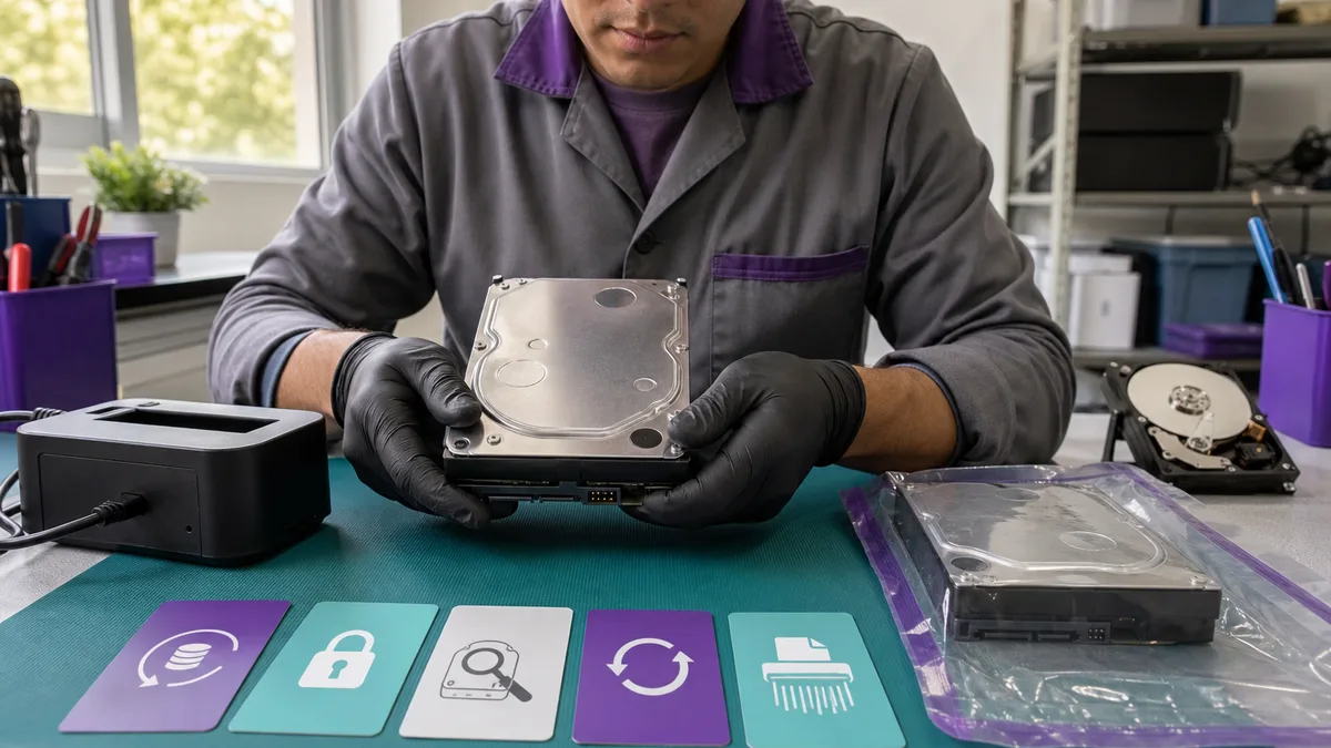 Técnico evalúa un disco duro sellado junto a una base de conexión y pasos de respaldo, borrado y reutilización.