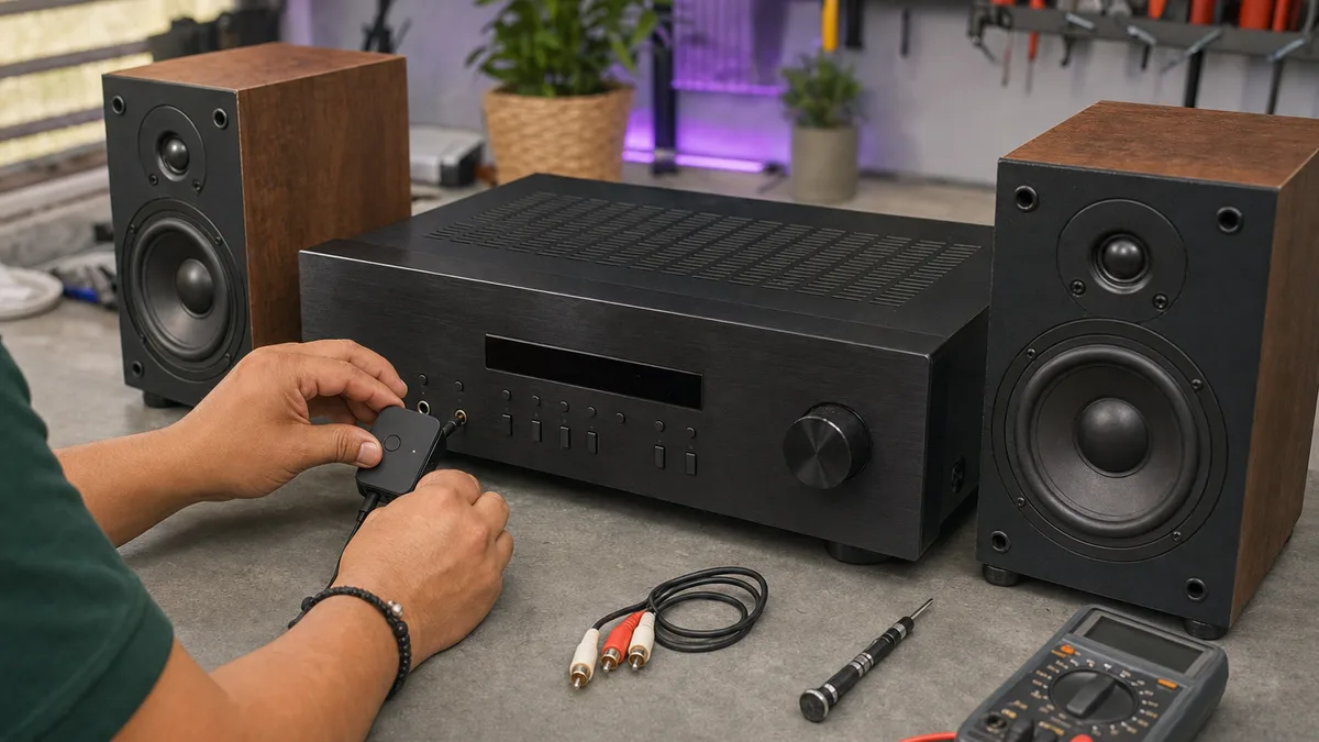 Técnico conecta un adaptador moderno a un receptor estéreo antiguo con dos altavoces para darle una segunda vida.