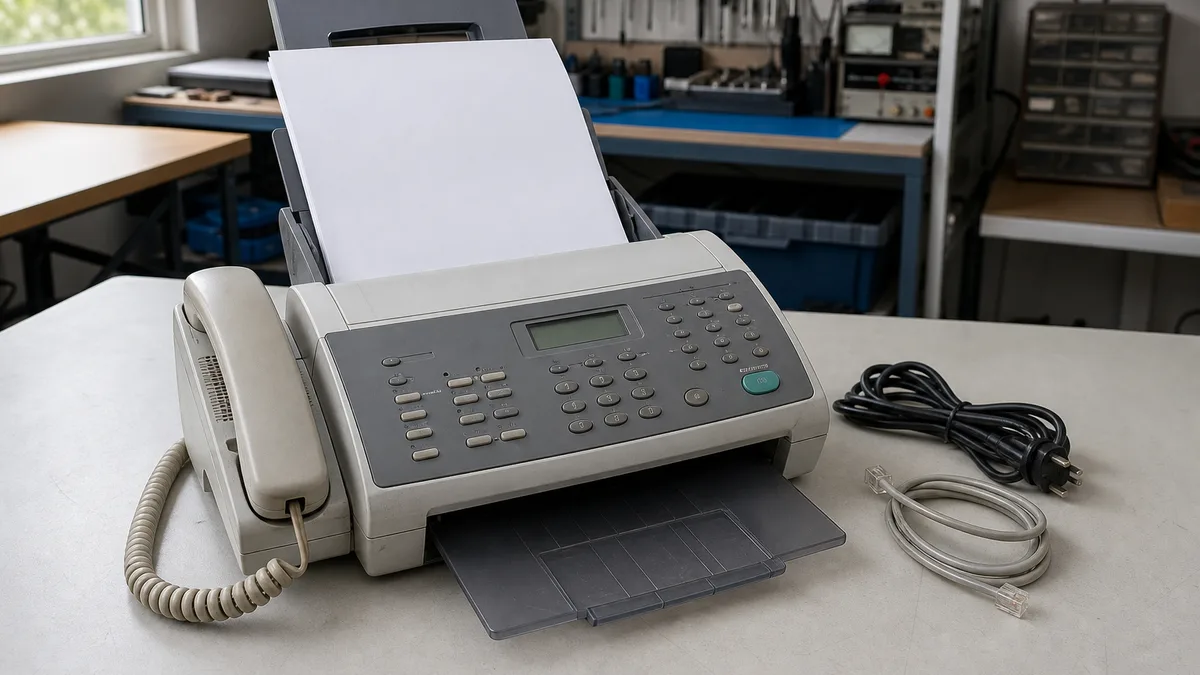 Máquina de fax usada con auricular, alimentador de papel y cables sobre una mesa de taller.