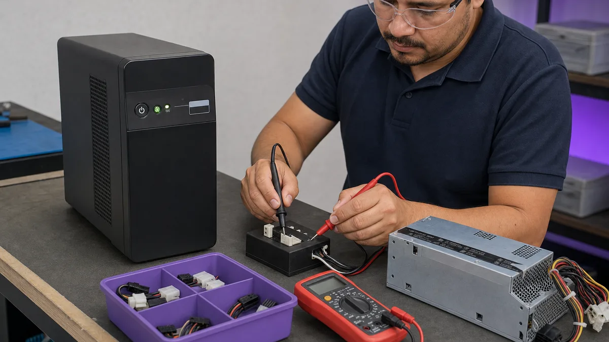 Técnico evalúa por separado una UPS de torre y una fuente ATX de computadora con instrumentos de medición.