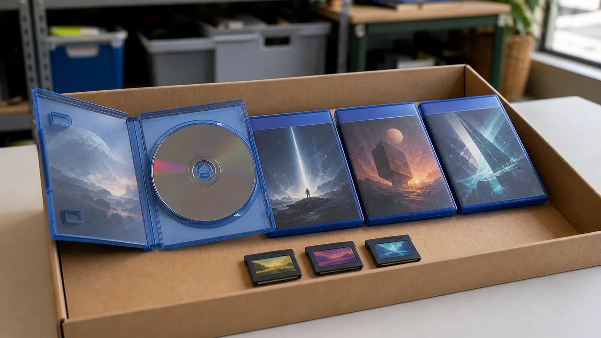 Estuches de juegos físicos con un disco visible y tres cartuchos compactos dentro de una caja de donación.