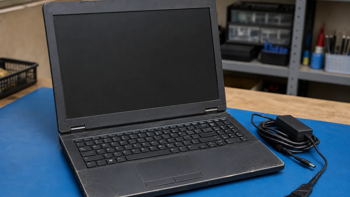 Laptop usada en una mesa de evaluación técnica para donación y reutilización.