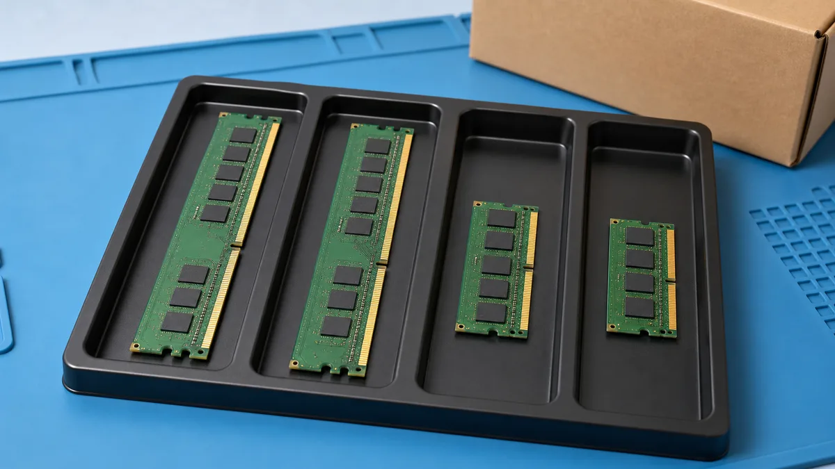 Dos memorias RAM DIMM de escritorio y dos SO-DIMM de portátil en una bandeja antiestática.
