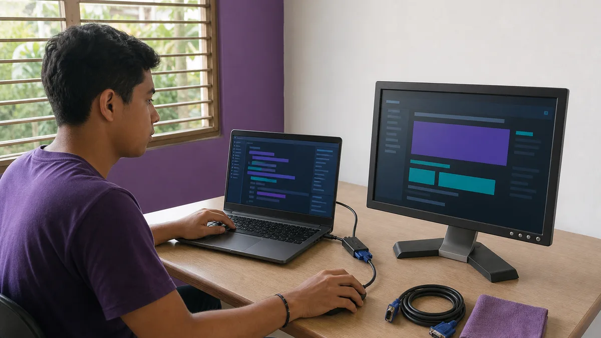 Estudiante panameño usa un monitor LCD donado como segunda pantalla conectada a su laptop.
