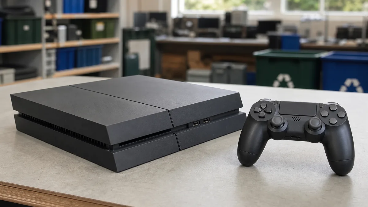 Consola PS4 negra usada con un control inalámbrico sobre una mesa de evaluación.