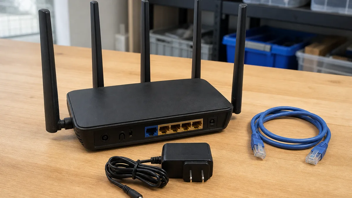 Router Wi-Fi usado con antenas, fuente de alimentación y cable Ethernet para donación.