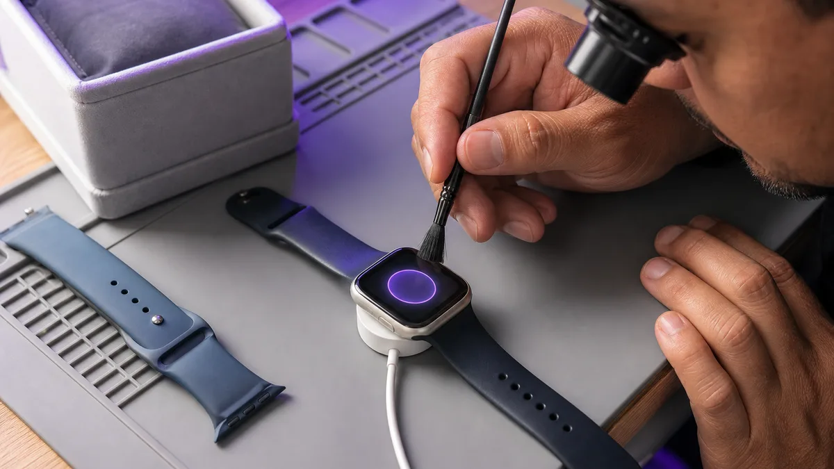 Técnico inspecciona y limpia un smartwatch antiguo sobre su cargador para prepararlo para reutilización.