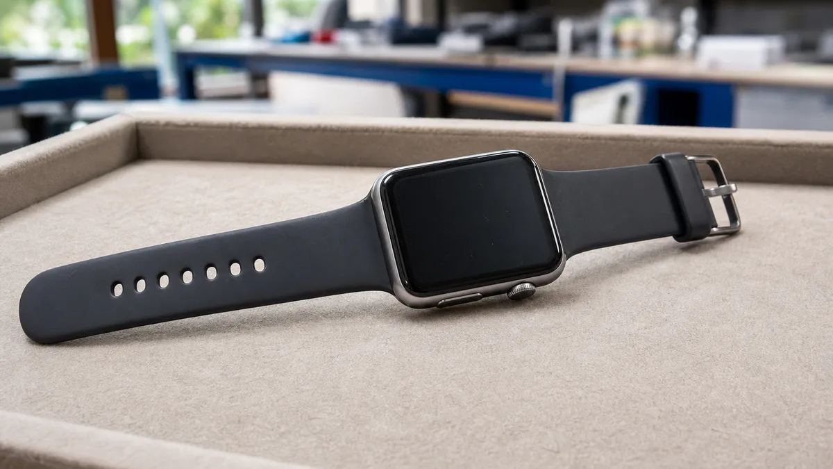 Reloj inteligente rectangular usado con pantalla apagada y correa de silicona abierta.