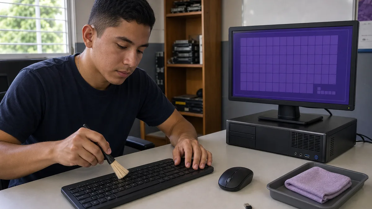 Estudiante limpia y prueba un teclado y ratón usados para completar una computadora donada.