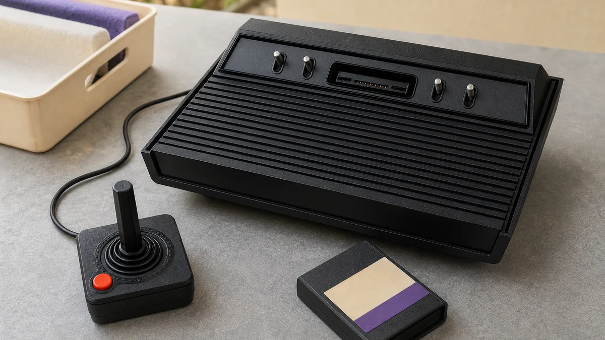 Consola Atari 2600 negra con joystick de un botón y cartucho preparada para reutilización educativa.