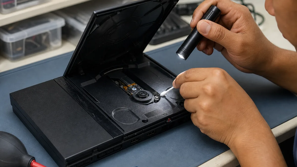 Técnico inspeccionando la unidad óptica abierta de una consola PS2 Slim con herramientas de reparación.