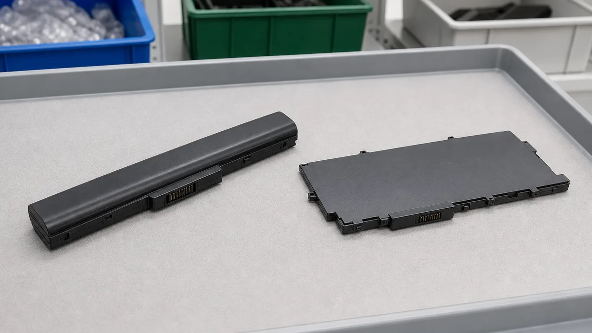 Dos baterías de laptop intactas y separadas en una estación segura de reciclaje.