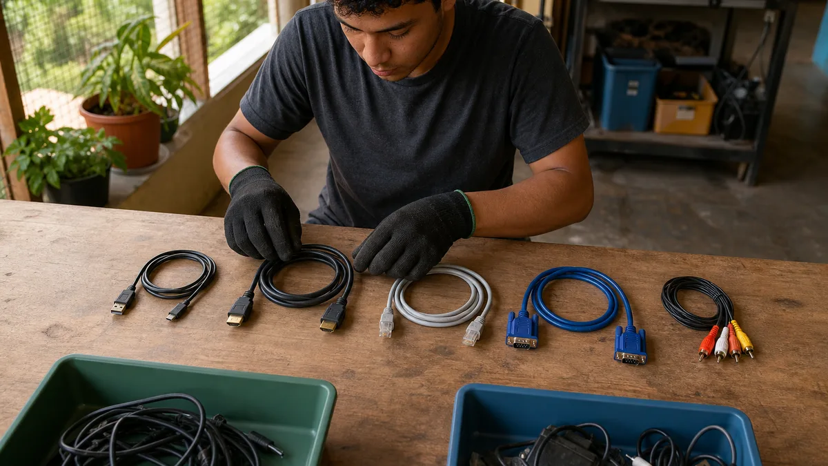 Técnico panameño clasifica cables USB, HDMI, Ethernet, VGA y RCA para reutilización o reciclaje responsable.