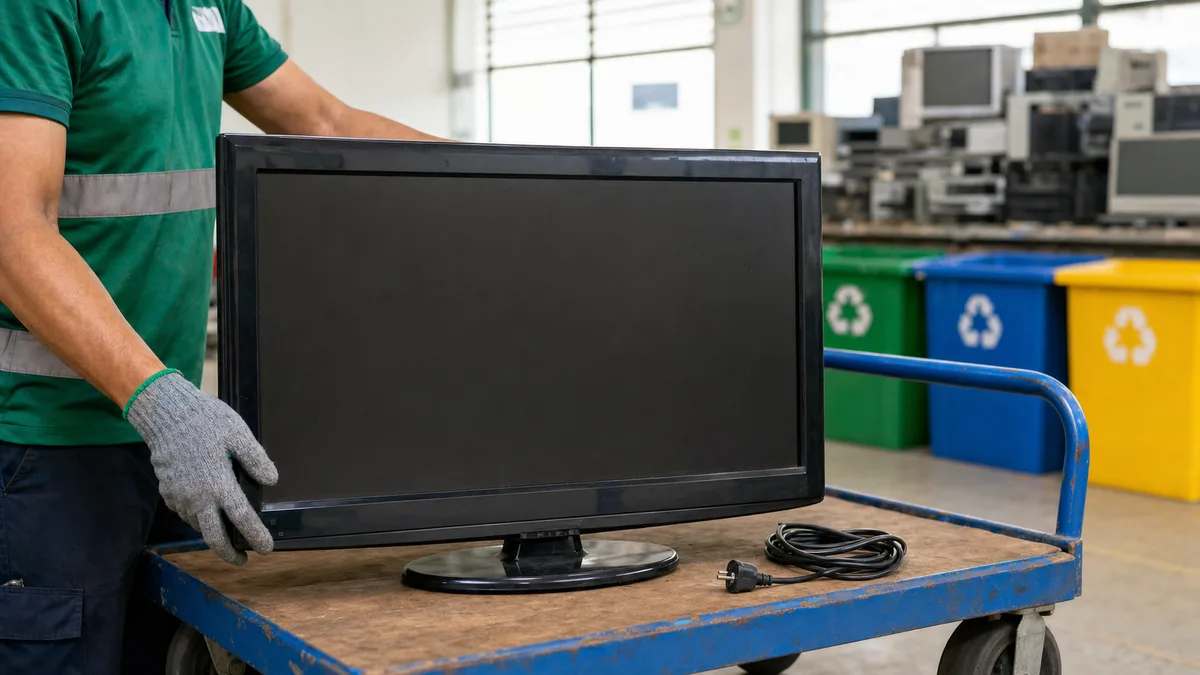 Televisor LCD antiguo e intacto sobre un carro en un centro organizado de reciclaje electrónico.