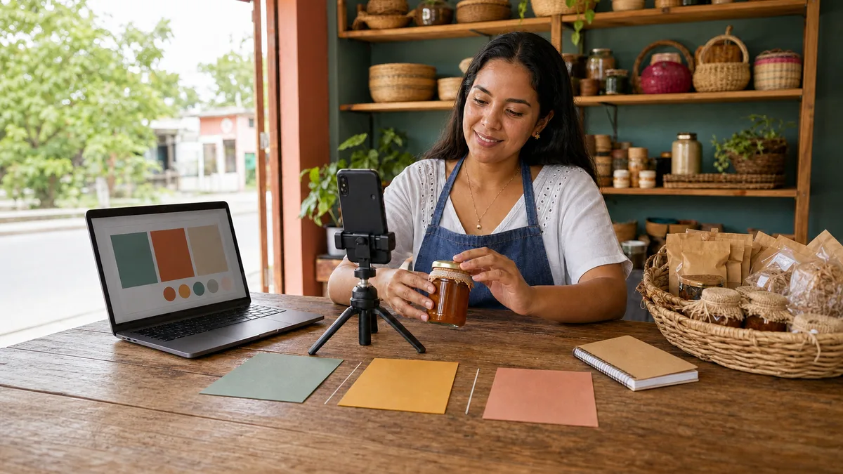 Emprendedora panameña fotografía un producto con su celular mientras planifica contenido de redes sociales.