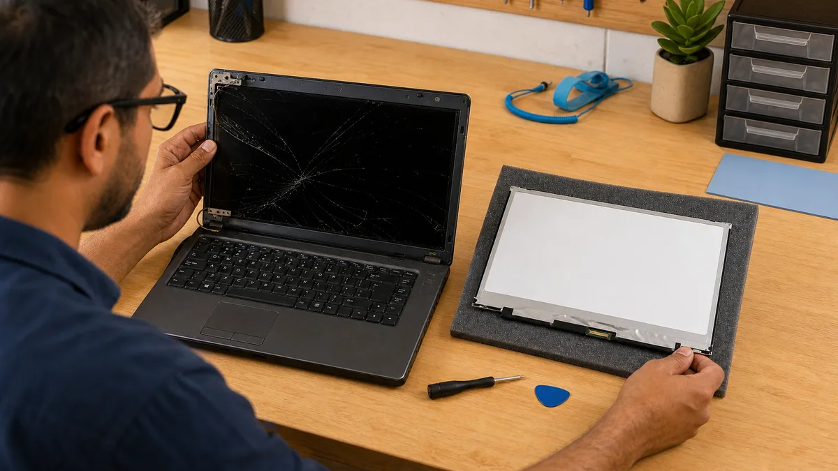Técnico compara una laptop con pantalla rota y un panel LCD de reemplazo compatible.